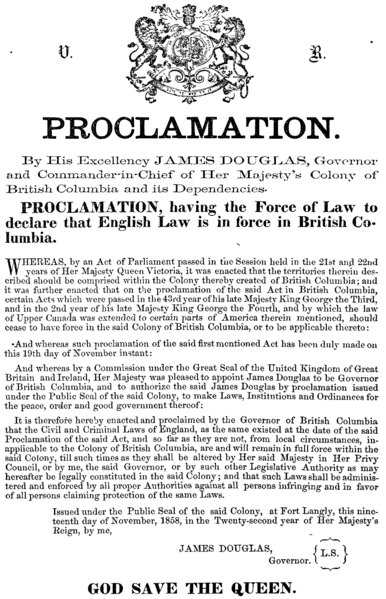 1858 Proclamation of Governor Sir James Douglas