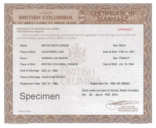 British Columbia certificate of marriage